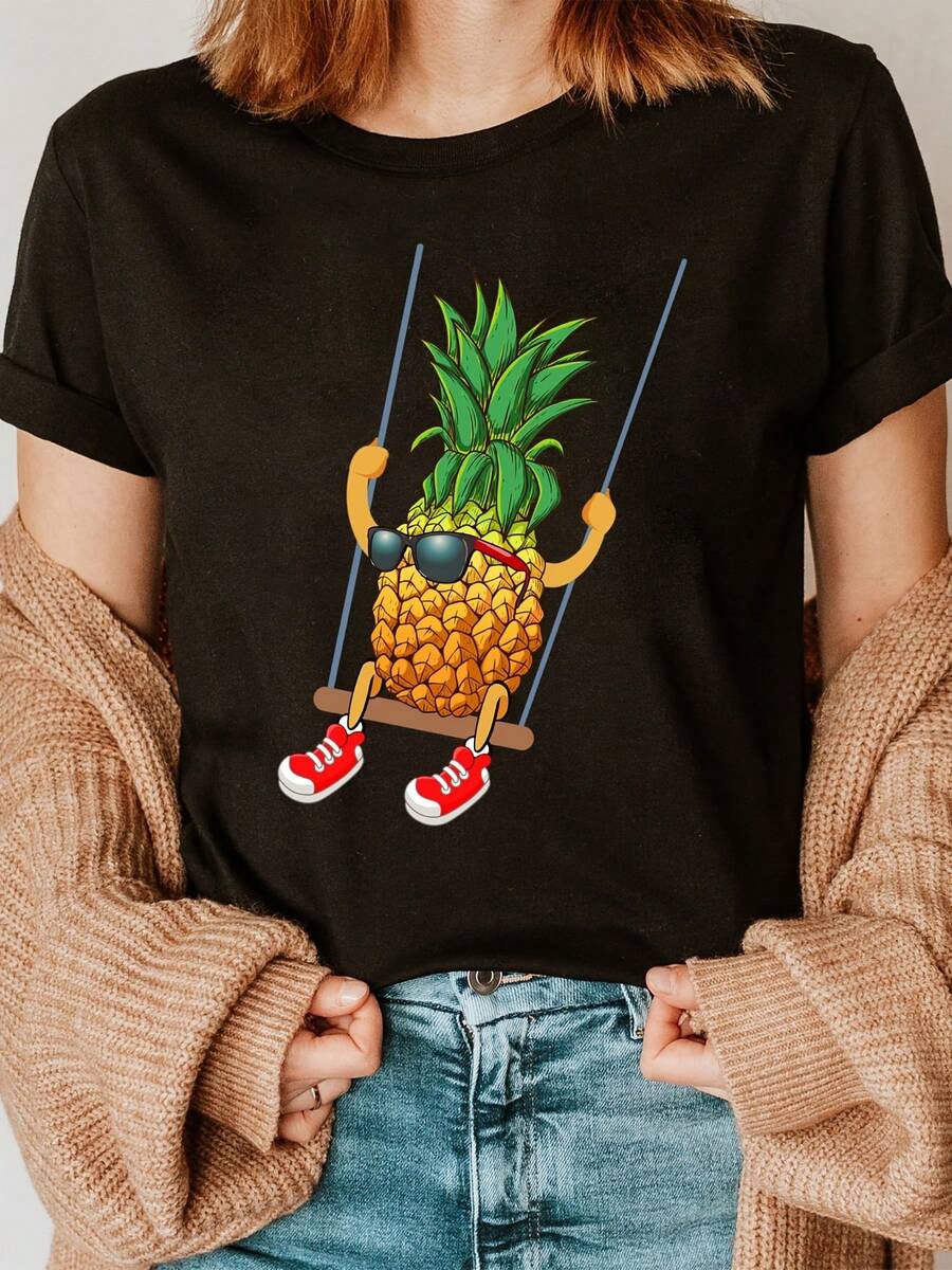 Stylish Red Everyday T-Shirt With Yellow Pineapple Print And Lettering, Casual Short-Sleeved Round Neck Top, Chic Fashion T-Shirt For Women For Spring/Summer. - 黑色 - 查看 1