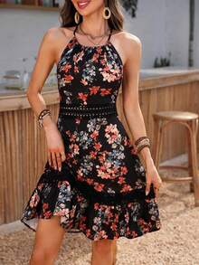 Vestido de verano con estampado floral y encaje de contraste para mujer - Negro 2 - Ver 3