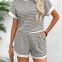 Women's Summer Striped Round Neck Batwing Sleeve Top And Shorts Casual 2-Piece Set - Negro - Ver 6