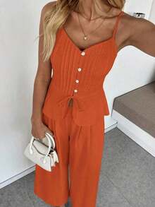 Set de 2 piezas: Top de tirantes ajustado informal con nudo delantero y pantalón de pierna ancha - Naranja - Ver 3