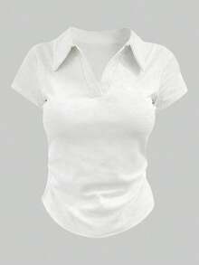 Camiseta casual de mujer con cuello polo, manga corta y estampado de corazones en color contrastante - Blanco 3 - Ver 5