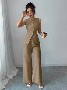 Traje casual/de trabajo elegante de mujer con decoración de botones florales - Marrón - Ver 4