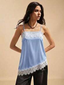 Camiseta de mujer con encaje asimétrico y contraste - Azul - Ver 6