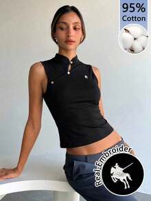 Chaleco de estilo chino retro con cuello negro para mujer - Negro 3 - Ver 3