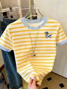 Camiseta de mujer de manga corta con cuello redondo, estampado de rayas de colores, informal, para verano - Multicolor 9 - Ver 3