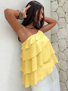 Nueva blusa elegante y romántica de primavera/verano para citas, Día de San Valentín, temporada de bodas, de gasa rosa con un hombro, espalda descubierta, volantes en capas, blusa sexy con volantes para la playa, atuendo de boda, camisa rosa elegan - Amarillo - Ver 7