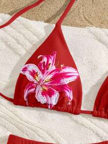 Traje de baño con estampado floral de moda: Top de bikini tipo camiseta con estampado de loto negro + Bottom de traje de baño de talle alto - Conjunto de traje de baño elegante y cómodo para vacaciones de verano, playa y uso en resort en color rojo - Rojo - Ver 5