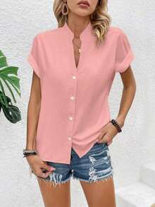 Blusa casual de verano de unicolor con botones delanteros y mangas cortas para uso diario - Rosa - Ver 3