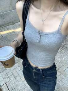 女士蕾丝吊带背心，性感修身短款背心，适合夏季穿着，可叠穿或外穿，休闲百搭。 - 灰色 - 查看 9