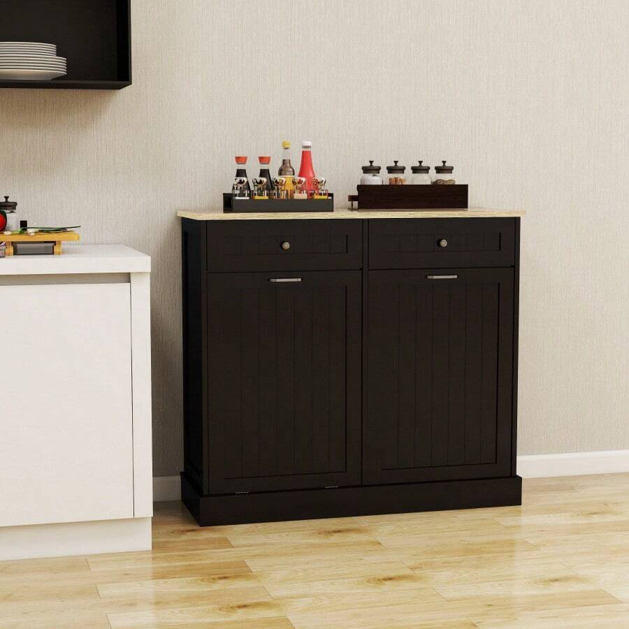 Two Drawers And Two-Compartment Tilt-Out Trash Cabinet Kitchen Trash Cabinet-Black - Black1 - View 1