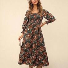 Floral Print Square Neck Flounce Sleeve Ruffle Hem Dress - Verde - Ver 5