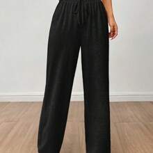 PETITE Solid Drawstring Waist Wide Leg Pants - Negro - Ver 1