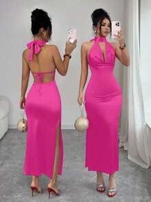 MEXElenzga Vestido de satén con cuello alto y espalda descubierta con lazo sexy para mujerMEX 3QKF - Verde Oscuro - Ver 9