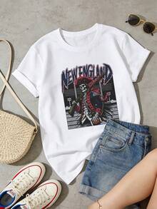 Women's Clothing, Soft And Casual Cotton Summer T-Shirt With Round Neck, Retro Skull And Pirate Print, New England Style. White. - 白色 - 查看 2