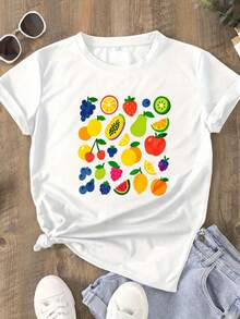 Women Pure Cotton T Shirt Fun Fruit Print Elegant Cute Summer Clothing Y2k Fashion High Quality Summer Wear Party Women Outfit Trendy Casual Top Fresh Colorful Design Perfect For Beach Vacation And Daily Wear Stylish And Comfortable Choice For Young Fashion Lovers - Blanco - Ver 1