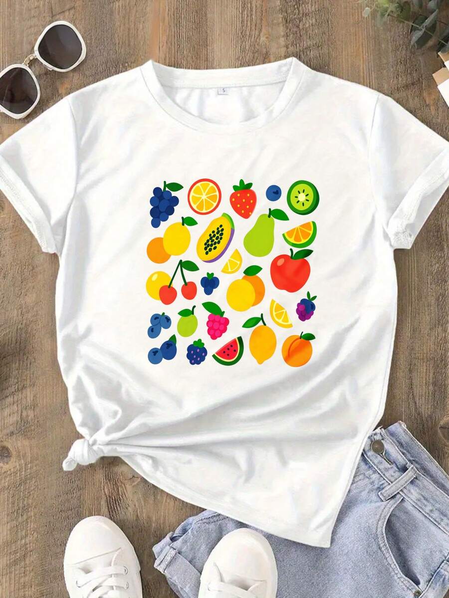 Women Pure Cotton T Shirt Fun Fruit Print Elegant Cute Summer Clothing Y2k Fashion High Quality Summer Wear Party Women Outfit Trendy Casual Top Fresh Colorful Design Perfect For Beach Vacation And Daily Wear Stylish And Comfortable Choice For Young Fashion Lovers - Blanco - Ver 1