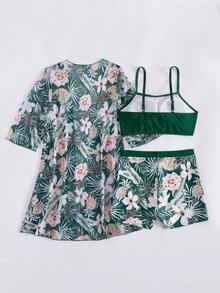 Conjunto de playa de 3 piezas para mujer: top de bikini corto negro, kimono de malla y shorts - Multicolor 3 - Ver 8