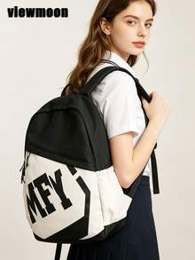 New Versatile Fashion Contrast Color Backpack, Casual Large Capacity Men's Backpack With Printed Letter Design, Suitable For Students - Black - View 1