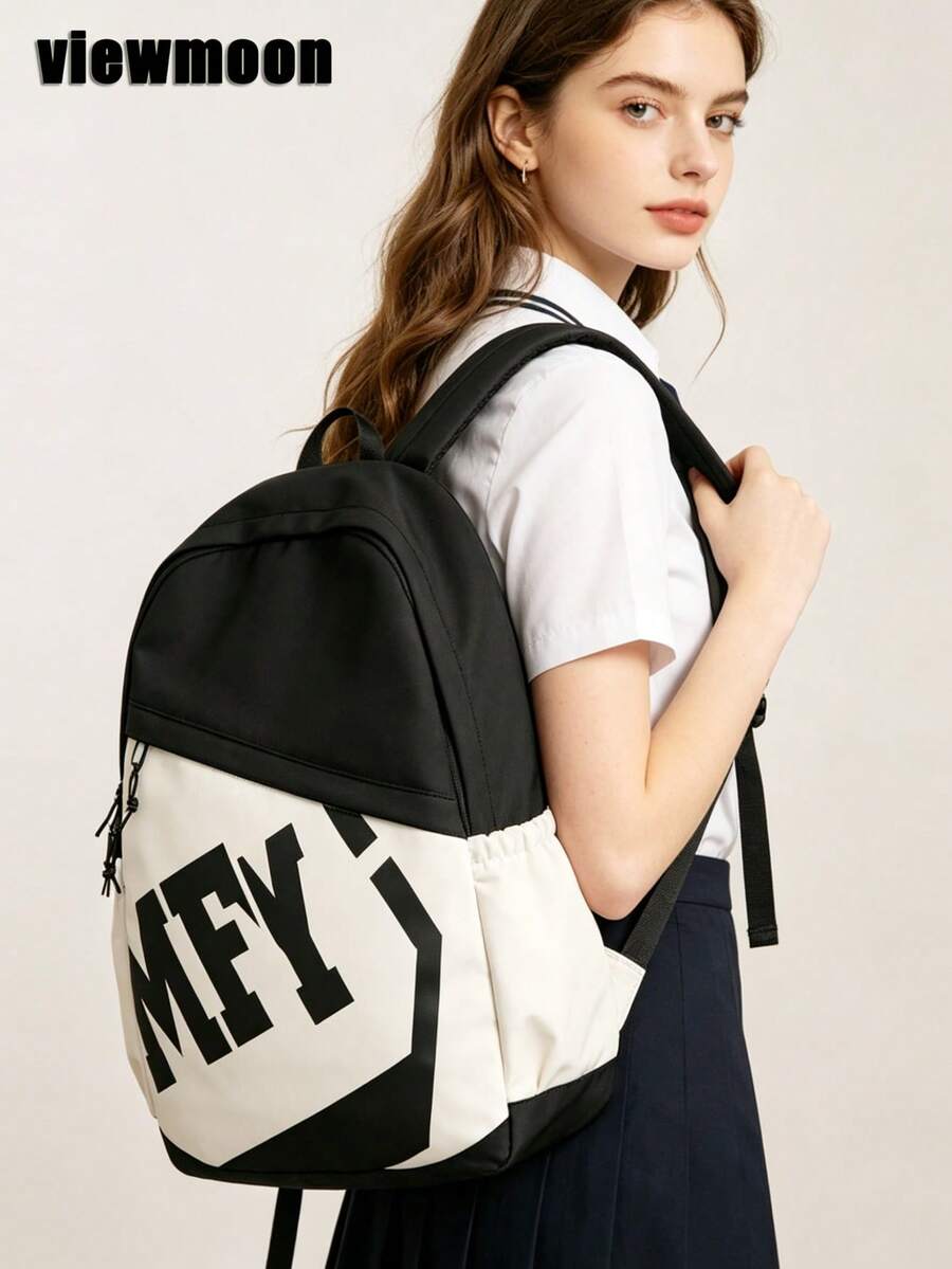 New Versatile Fashion Contrast Color Backpack, Casual Large Capacity Men's Backpack With Printed Letter Design, Suitable For Students - Black - View 1