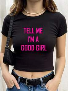 Mother's Day Set - Sexy Women's Crop Top Y2K Style - Fitted Short Sleeve T-Shirt With "Tell Me I'm Fine" Print In Pink Letters, Black And Pink Pattern, Machine Washable, Casual Urban Style, Sizes S-XL, Fitted Waist Design, Modern And Simple Set - 100% Cotton, Soft, Breathable, Women's Crop Top / Short T-Shirts - 黑色 - 查看 7