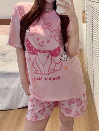 Gongdie Bộ đồ ngủ Disney 2 món dành cho nữ, bộ đồ ngủ mùa hè tay ngắn và quần short, họa tiết Marie màu hồng, chất liệu cotton mềm mại, dễ thương.