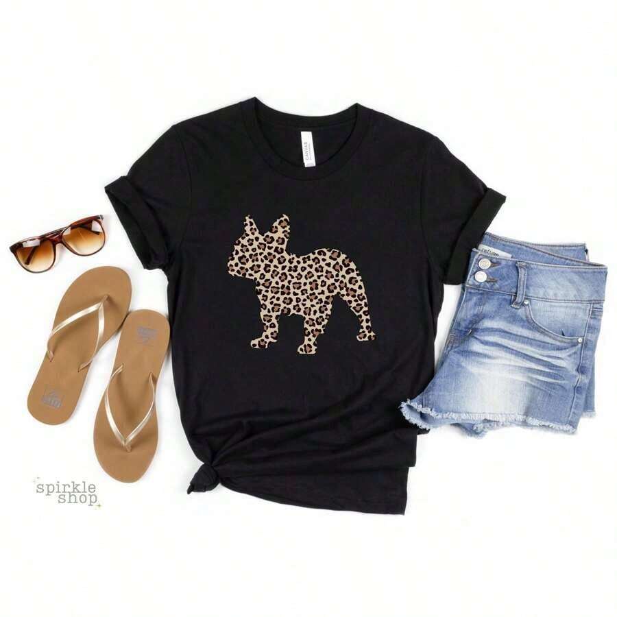1 pieza de camiseta 100% algodón con estampado de leopardo de Bulldog Francés, camiseta exótica para mamá de Frenchie, regalo para mamá de perro salvaje para amantes del Bulldog Francés, linda camiseta gráfica de Frenchie con estampado, cuello redondo, manga corta, unisex, elegante, ligeramente transpirable, ropa de diseñador, cómoda, gráfica, estilo urbano, elástica, versátil, casual, suave para verano, 180g 100% algodón. - Negro - Ver 1