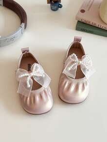Girls' Pearl Bow Decor Soft Sole Mary Jane Shoes Non-Slip Beginner Shoes - Pink - View 4