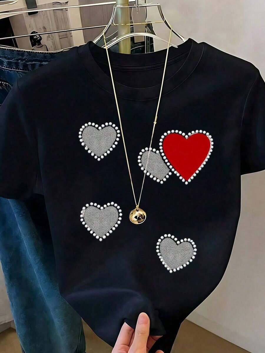 Respirable Playera Blanca de Mujer con Gráfico de 4 Corazones Rojos de Brillo y Borde Plateado, Camiseta de Estilo Aesthetic Brillante Manga Corta, Top Romántico y Femenino, Blusa Casual de Moda, ropa de calor mujer - Negro 1 - Ver 1