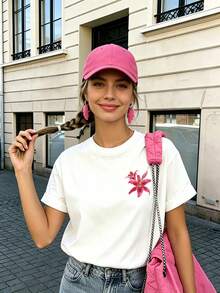 Double-Printed T-Shirt Inspired By Bright Pink Lilies, Watercolor Floral Design For An Elegant, Relaxed Feel, Bright White Base, Versatile And Timeless, Loose Fit, Comfortable And Breathable, Suitable For Daily Use And Travel, Summer Top. - White - View 3
