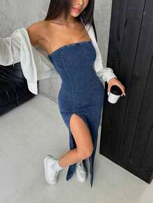 Vestido tubo casual de mezclilla con abertura alta para mujer, tejido de punto de mezclilla elástico, azul - Azul - Ver 3