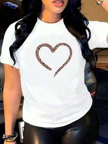 Soft 100% Cotton T-Shirt. Heart Design T-Shirt, Leopard Print, Colorful, Casual, Round Neck, Short Sleeve, Ideal For Everyday Wear, Eye-Catching, Modern, Loose Fit, Perfect For You. Breathable Cotton Tee, All Match. Cool. - 白色 - 查看 7