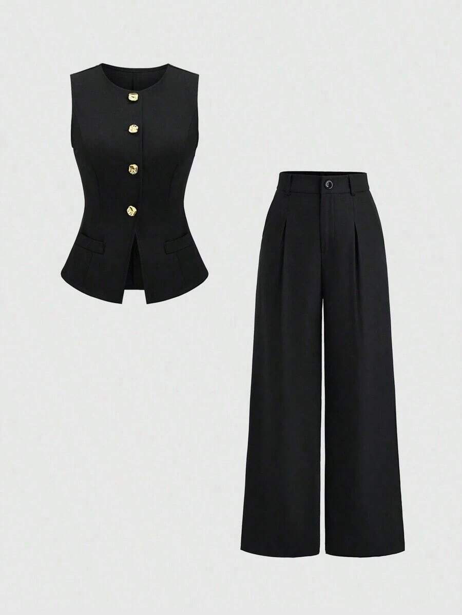 Sweetro Conjunto a juego de chaleco negro de una hilera y pantalones de pierna ancha con fruncidos - Negro - Ver 1