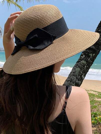 女士宽檐草帽，夏季防晒沙滩帽，可折叠度假帽，韩版