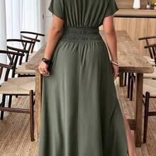 Clasi Plus Size Women Deep V-Neck Solid Short Sleeve Ruched Waist Sexy Vacation Dress - Marrón - Ver 3