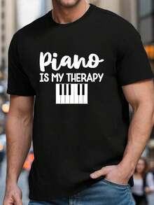 Men's Graphic T-Shirt Piano Is My - Soft And Breathable Music Lover's T-Shirt With Piano Key Design, Loose Fit, Short Sleeve, Crew Neck, Casual T-Shirt For Musicians And Piano Enthusiasts (Black/White Print) - 黑色 - 查看 1