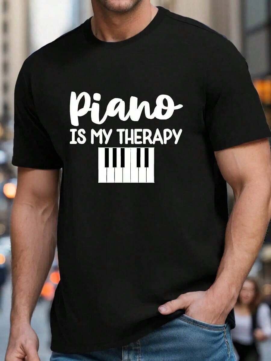 Men's Graphic T-Shirt Piano Is My - Soft And Breathable Music Lover's T-Shirt With Piano Key Design, Loose Fit, Short Sleeve, Crew Neck, Casual T-Shirt For Musicians And Piano Enthusiasts (Black/White Print) - 黑色 - 查看 1
