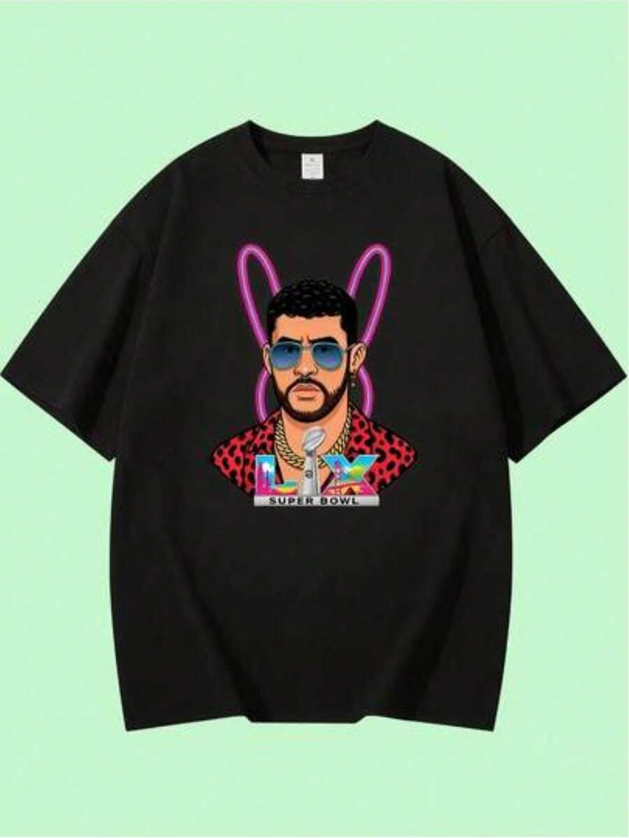 Retro BadBunny Super Benito Bowl T-Shirt,Pop Art Tee,Bunny Ears Design,Christmas Gift, Men's T-Shirt, Men's Casual, Comfortable T-Shirt, Street Style Cotton, Essential For Fans - 黑色 - 查看 1