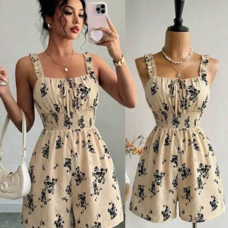 Women's Apricot Base Multi-Color Printed Frill Trim Spaghetti Strap Tie Waist Jumpsuit, Elegant & Sophisticated, Suitable For Valentine's Day, Easter, May Day, Birthday, Date, Party, Formal Occasions, Teacher's Outfit, High-Vibe, Spring/Summer - Caqui - Ver 1