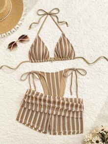 Swim Vcay Nuevo conjunto de traje de baño de mujer de 3 piezas con estilo de rayas de punto texturizado de alta corte con lazos laterales, copa triangular y control de abdomen, con estampado retro de monedas y decoración de estrella de mar de metal en estilo de playa y océano - Multicolor 3 - Ver 11
