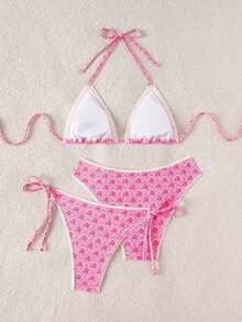 Swim Vcay Summer Geometric Floral Print Halter Bikini Set, Knit Fabric, Sexy Backless Bikini Set For Vacation, Parties, Beach, Pool, New Year, Christmas, Elegant - 羅莎 - 查看 7