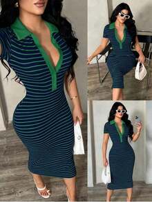 Vestido polo de manga corta a rayas blanco y negro de estilo minimalista y casual para ir al trabajo, vestido de punto de media longitud con ajuste ceñido y gran elasticidad, vestido elegante francés - Verde - Ver 1