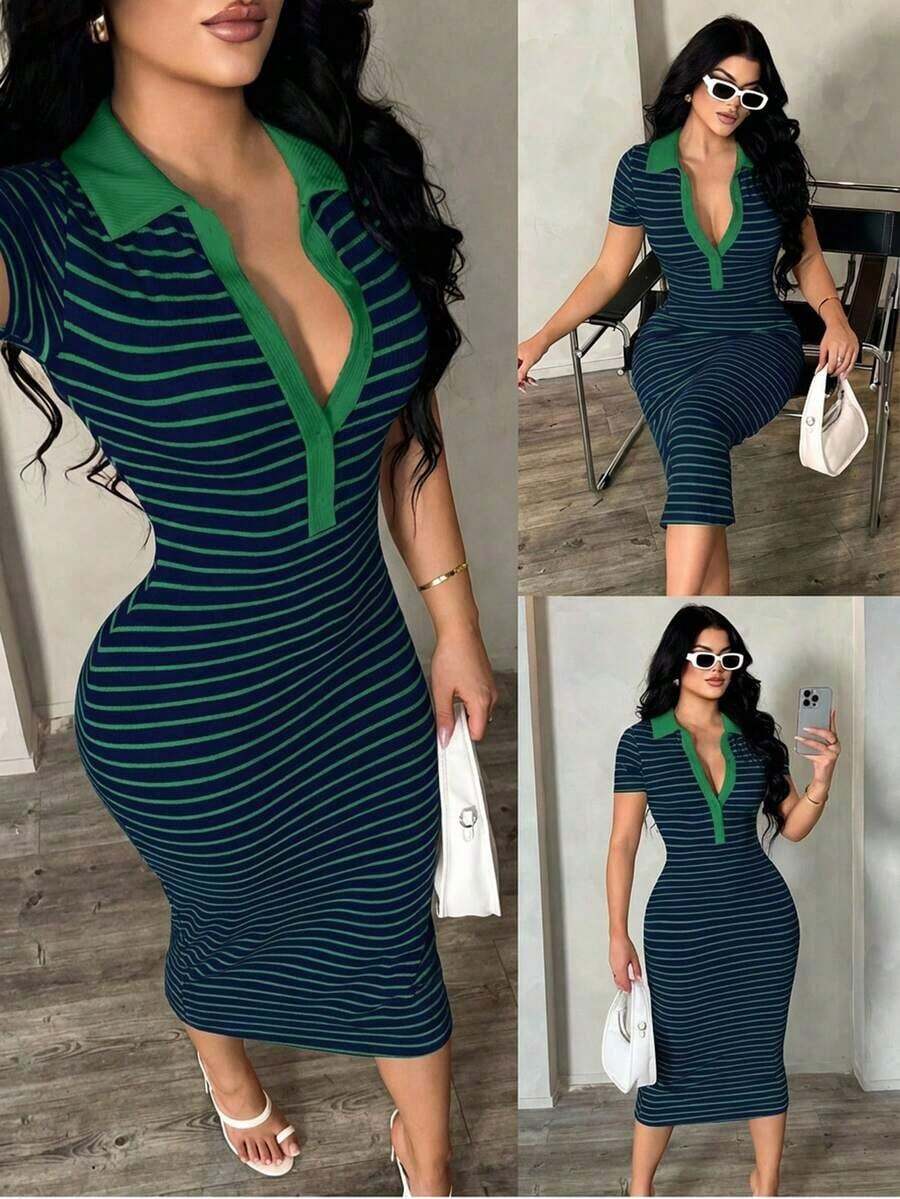Vestido polo de manga corta a rayas blanco y negro de estilo minimalista y casual para ir al trabajo, vestido de punto de media longitud con ajuste ceñido y gran elasticidad, vestido elegante francés - Verde - Ver 1