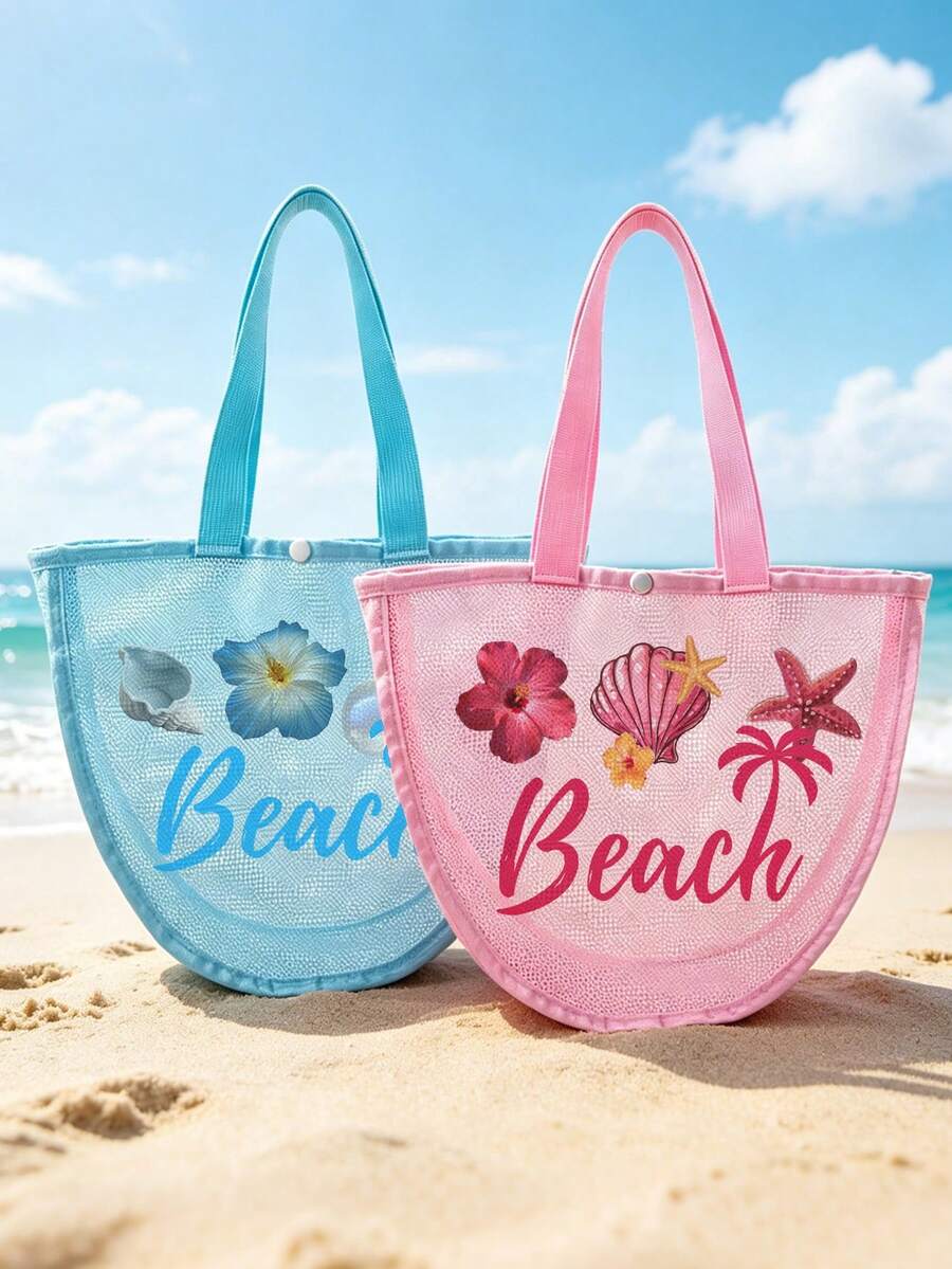 Colorful Mesh Beach Bag With Printed Shell & Letter Pattern, Large Capacity Crossbody Bag, Multifunctional Shoulder Bag, Tote Bag, Cosmetic Bag, Travel Storage Pouch, Essential For Vacation And Travel - Multicolor - View 1