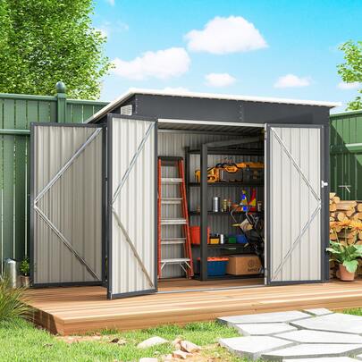 Outsunny 7.5' X 4.3' Outdoor Storage Shed, Waterproof Metal Garden Shed With Gloves, Lockable Doors, Vents And Pitched Roof For Backyard, Patio, Lawn, Poolside, Dark Grey