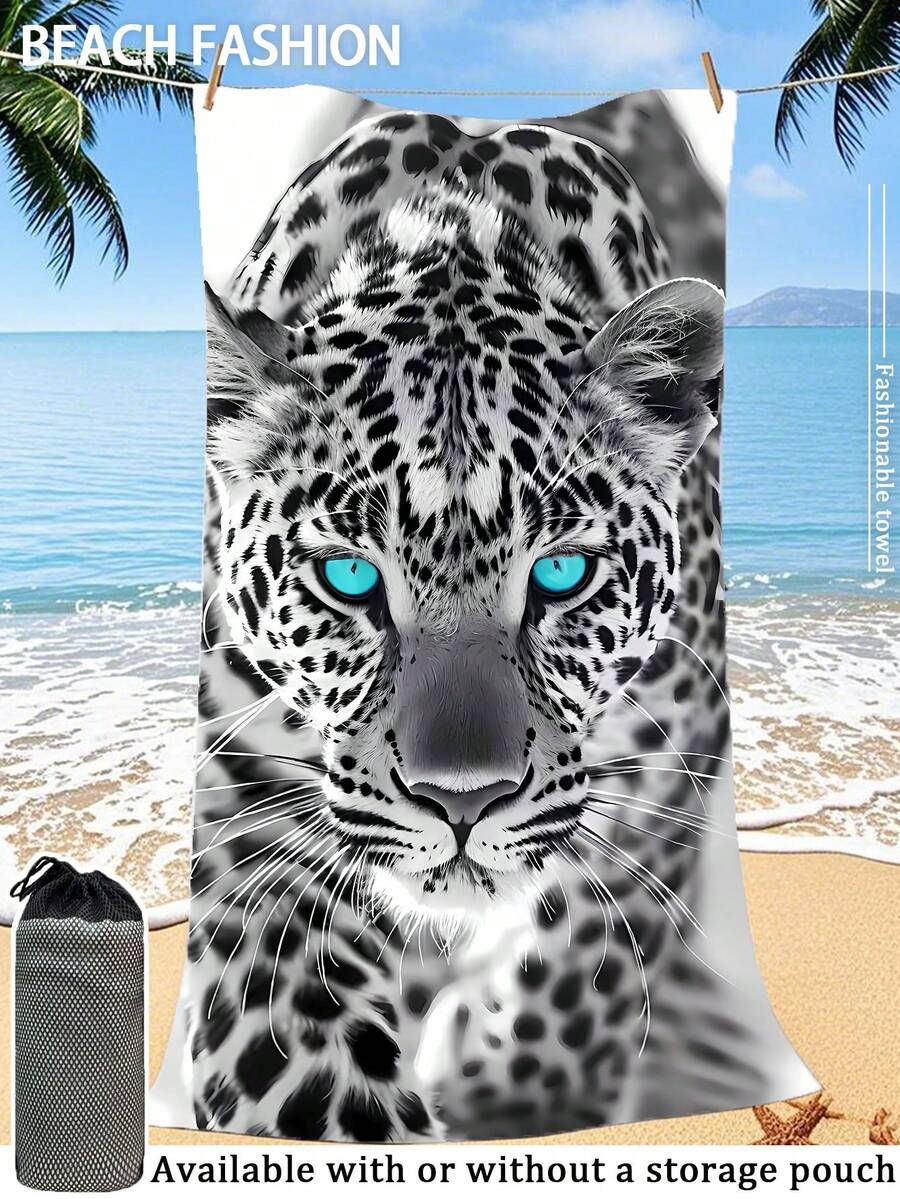 [Secado rápido y suave] Toalla de playa de microfibra portátil de verano absorbente | 70*140/90*180cm con bolsa de almacenamiento | Estampado de leopardo de las nieves de ojos azules | Adecuado para natación, decoración de baño, uso en la playa, camping, fitness, viajes - Multicolor - Ver 1