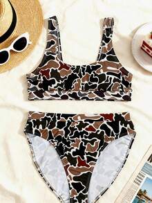 Basic Swimsuits For Women, Summer Duck Camo Bikini 2 Piece Set, Bathing Suits, Tankini Swimsuit, Fashion U Neck Bra And High Waisted Triangle Panty Set, Sexy Bodycon Bikini Bottom - 摩卡棕 - 查看 2