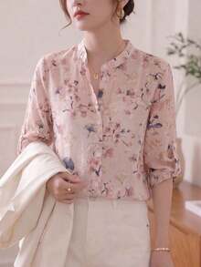 Blusa de mujer de manga 3/4 con cuello alto, estampado floral acuarela azul grisáceo| Blusa de ajuste ceñido, transpirable, de manga acampanada, para oficina/vacaciones, primavera/verano - Rosa - Ver 4