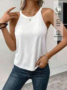 LUNE Camiseta de tirantes de cuello halter casual y cómoda para mujer, 95% algodón, adecuada para el verano - Blanco 2 - Ver 6