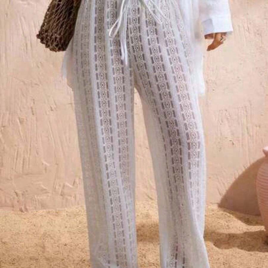 Swim Chiccia 2026 New Women's Summer Beach Vacation Elegant White Special Fabric Drawstring Cover-Up Pants - Blanco - Ver 1