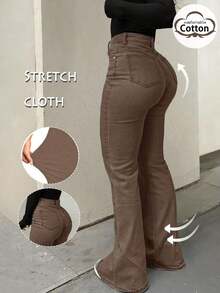 Pantalones vaqueros acampanados de talle alto con estilo Y2K, pantalones casuales elegantes de unicolor y elásticos para mujeres, moda callejera de mezclilla marrón para primavera - Marrón - Ver 5
